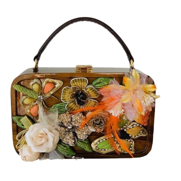 Jennifer Hand-Made Natural Wood Handbag with Butterfly and...